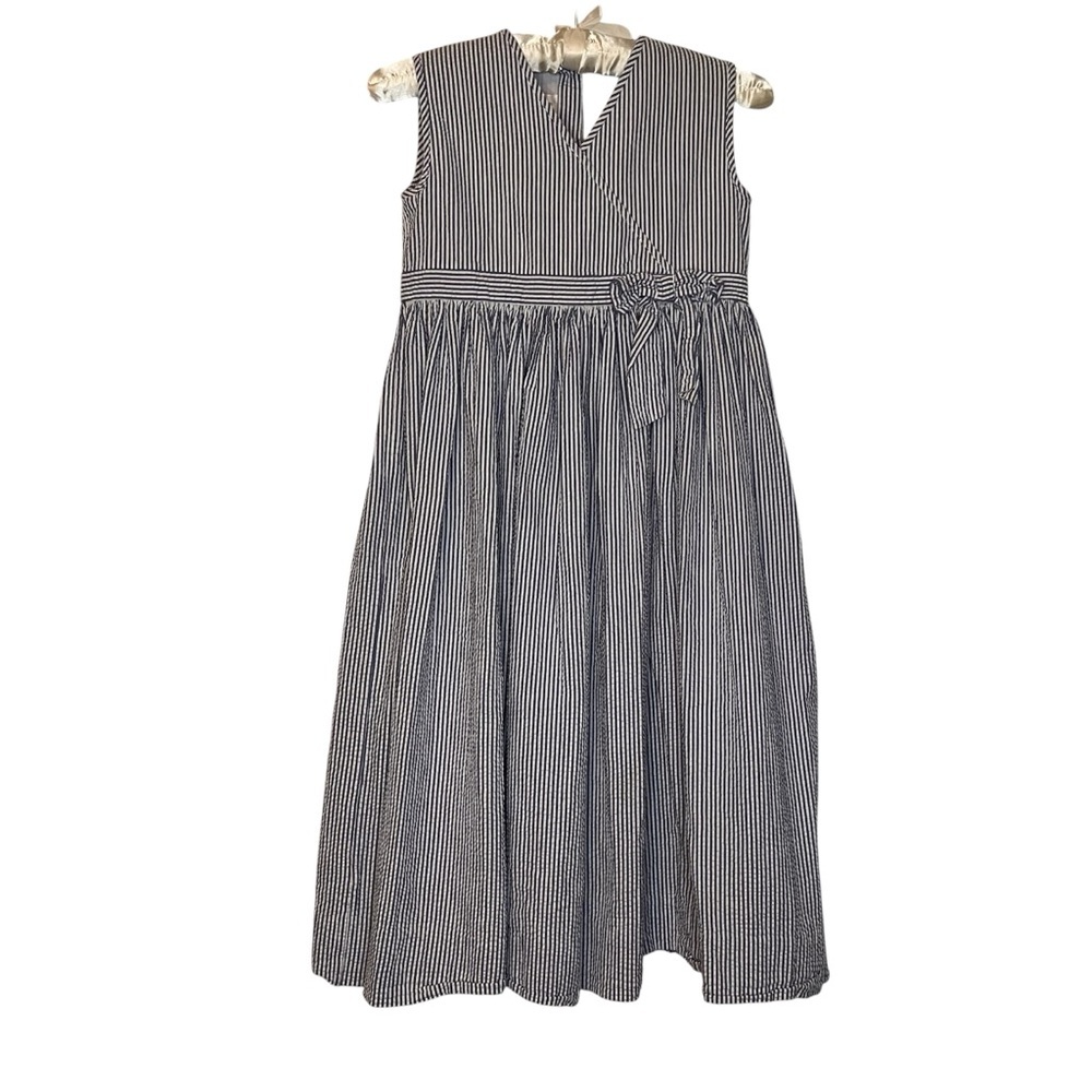 Vintage Strasburg Dress Girls 10 Blue Striped Seersucker Tie Long Button Back